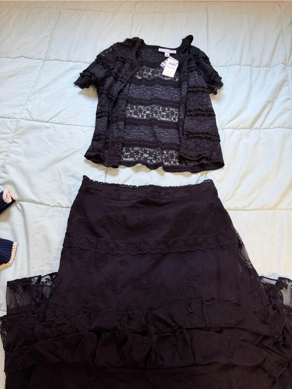 2 PC Set Black Lace Ruffle Tiered Maxi Dress Cardigan Whimsigoth Gothic